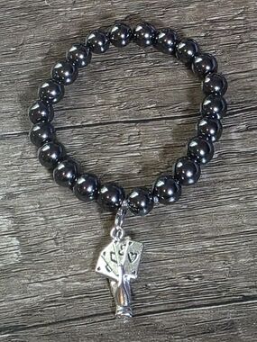 Hematite Beaded Stretch Bracelet with Playing Cards Charm